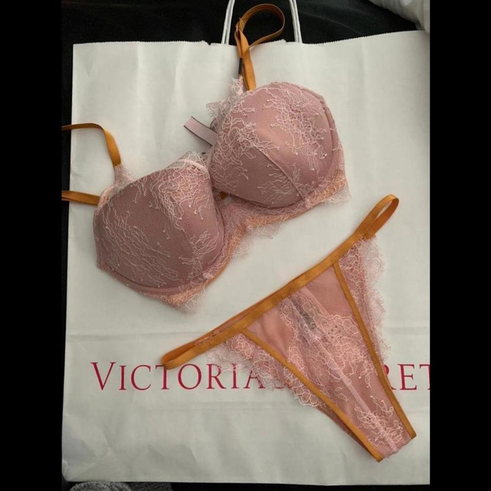 Victoria's Secret Pink Lace Bra & Thong Set with Tan Trim